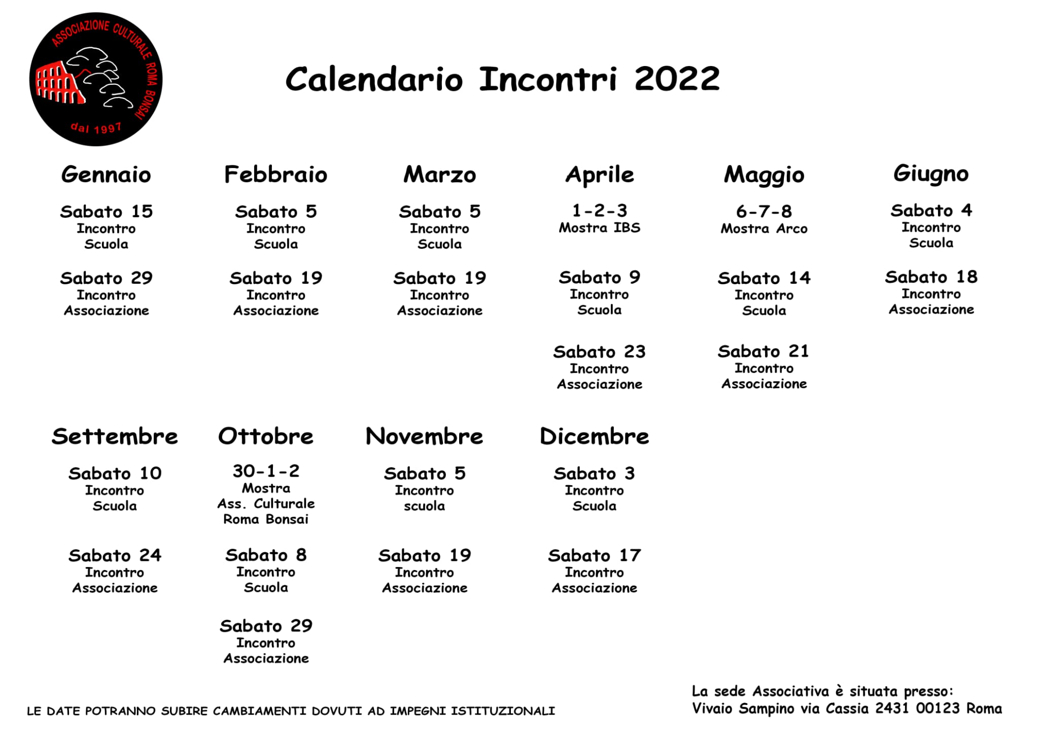 Calendario Lezioni Bonsai Roma 2022